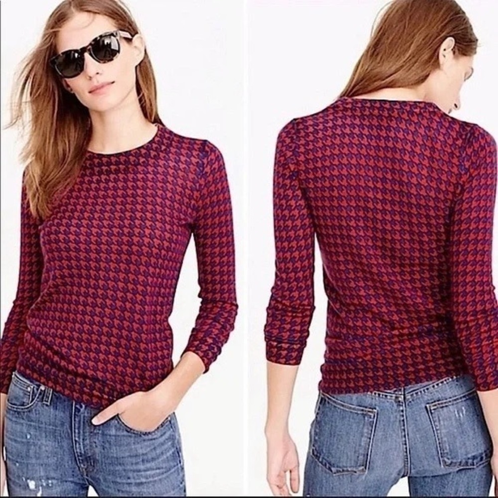 J.Crew Womens Houndstooth Tipy Sweater Blue Red Merino‎ Wool  XLarge